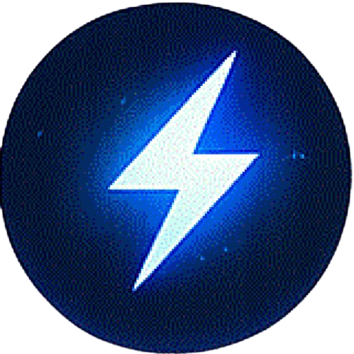 Blauw rond logo met witte bliksemschicht voor IT support en snelle oplossingen.