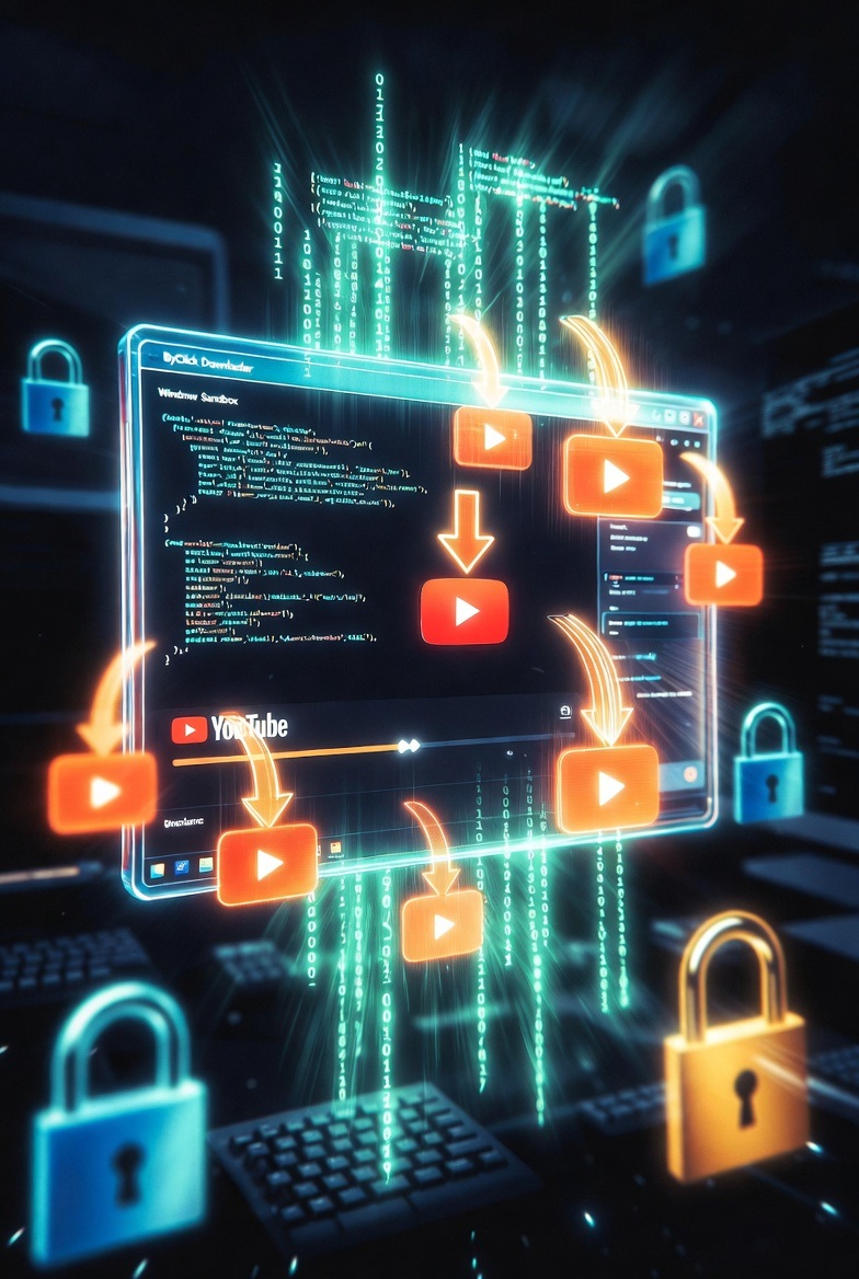Windows Sandbox met ByClick Downloader voor gratis YouTube downloads.