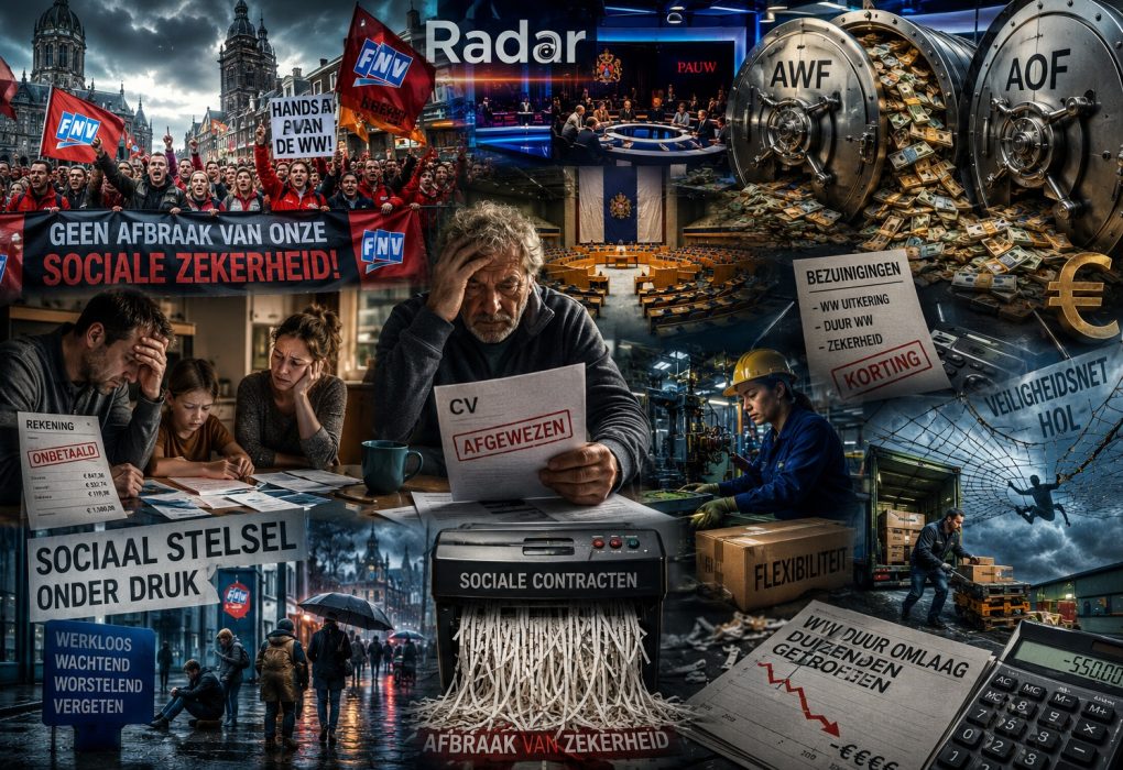 Demonstranten, werknemers en gezinnen protesteren tegen de plannen van het kabinet-Jetten om de WW-uitkering te halveren ondanks tientallen miljarden euro’s overschot in sociale fondsen zoals het AWF en AOF. De discussie laaide op na uitzendingen van Radar van AVROTROS en Vandaag Inside op SBS6 waarin vakbonden, deskundigen en gedupeerde werknemers waarschuwen voor financiële onzekerheid, hypotheekproblemen en sociale afbraak.