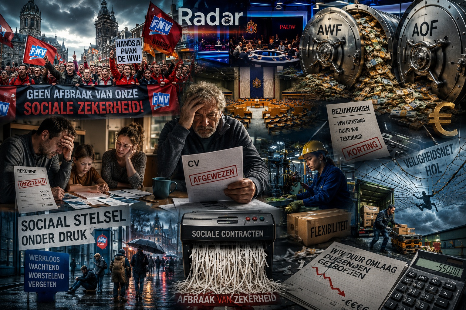 Demonstranten, werknemers en gezinnen protesteren tegen de plannen van het kabinet-Jetten om de WW-uitkering te halveren ondanks tientallen miljarden euro’s overschot in sociale fondsen zoals het AWF en AOF. De discussie laaide op na uitzendingen van Radar van AVROTROS en Vandaag Inside op SBS6 waarin vakbonden, deskundigen en gedupeerde werknemers waarschuwen voor financiële onzekerheid, hypotheekproblemen en sociale afbraak.
