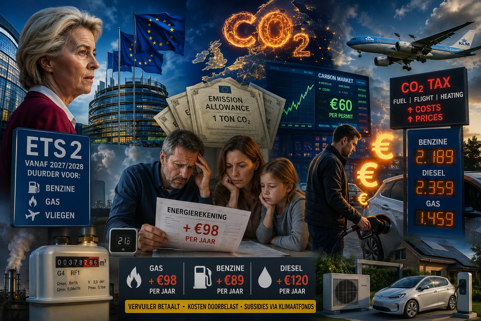 EU ETS2 klimaatbeleid zorgt voor hogere kosten voor benzine, gas en vliegen vanaf 2027 en 2028.