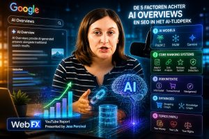 Cinematic visual van Google AI Overviews met AI-modellen, zoekinterface, databases en SEO-factoren weergegeven rond een presentator in een futuristische digitale omgeving