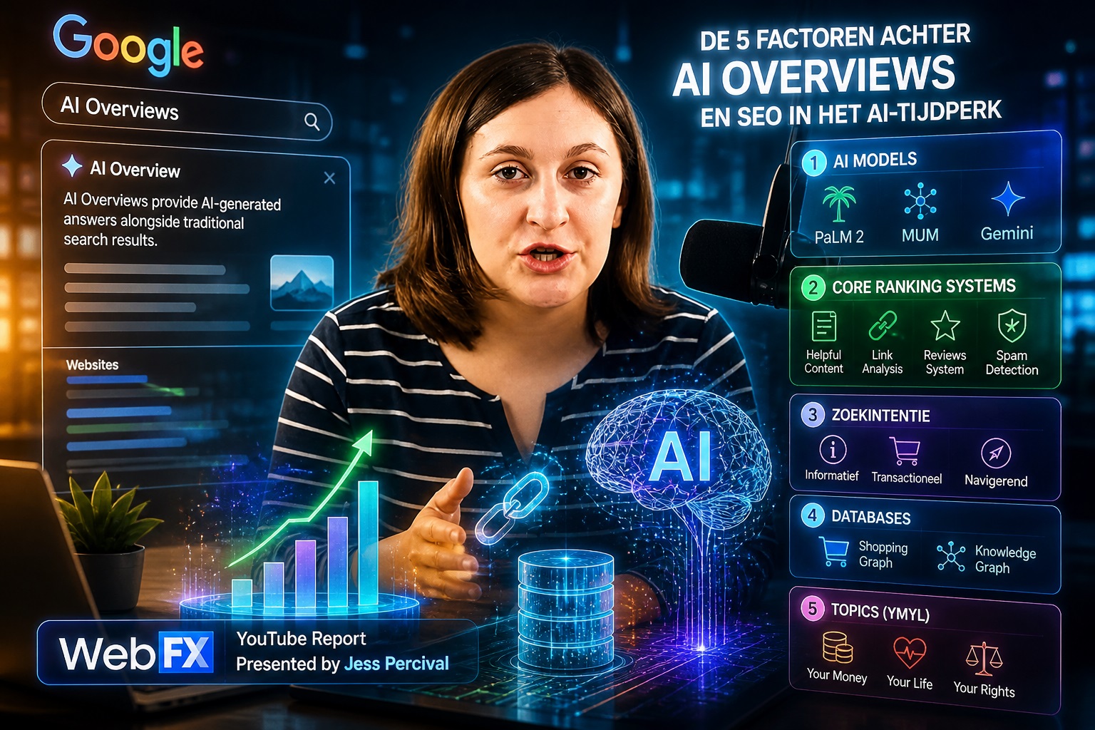 Cinematic visual van Google AI Overviews met AI-modellen, zoekinterface, databases en SEO-factoren weergegeven rond een presentator in een futuristische digitale omgeving