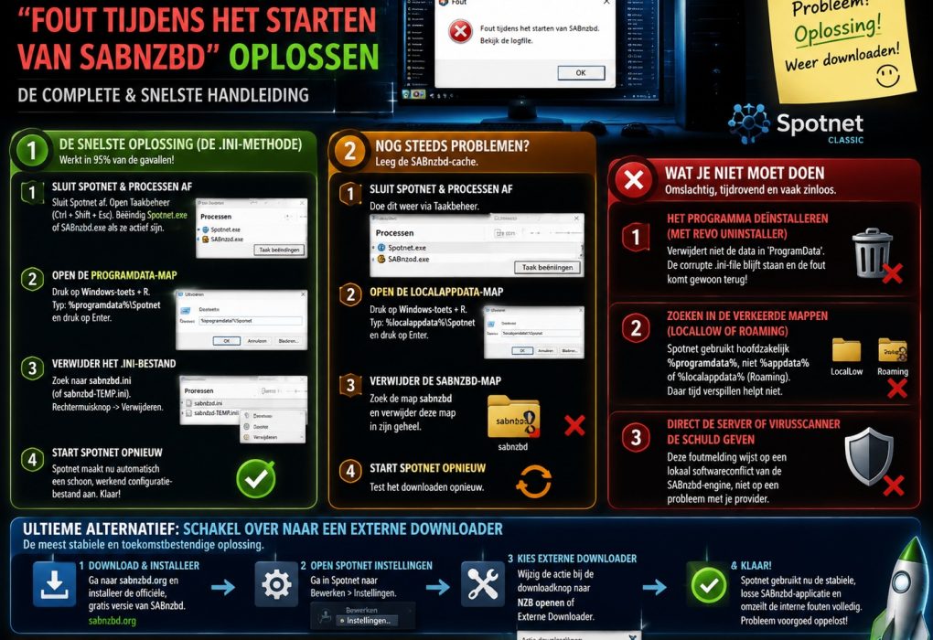Handleiding voor het oplossen van de Spotnet Classic SABnzbd-foutmelding “Fout tijdens het starten van SABnzbd” in Windows 11 en Windows 10, inclusief het verwijderen van sabnzbd.ini, cachebestanden legen, Taakbeheer controleren en overstappen naar een externe downloader.