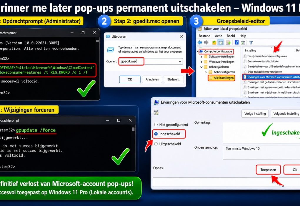 Handleiding voor Windows 11 Pro om “Herinner me later” Microsoft-account pop-ups permanent uit te schakelen via Opdrachtprompt, Groepsbeleid (gpedit.msc) en gpupdate /force op lokale accounts.