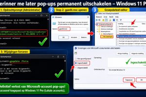 Handleiding voor Windows 11 Pro om “Herinner me later” Microsoft-account pop-ups permanent uit te schakelen via Opdrachtprompt, Groepsbeleid (gpedit.msc) en gpupdate /force op lokale accounts.