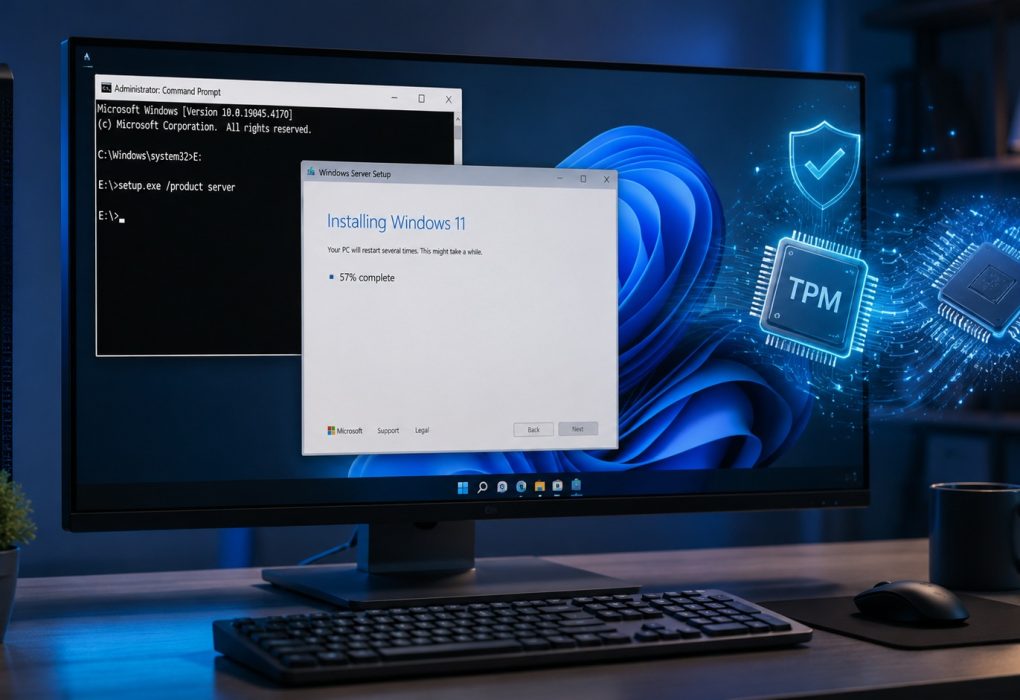 Fotorealistische illustratie van een Windows 10-computer die via de /product server CMD-methode wordt geüpgraded naar Windows 11. Op het scherm zijn een opdrachtpromptvenster, een Windows-installatiewizard en symbolische TPM- en processoriconen zichtbaar die verwijzen naar het omzeilen van de officiële systeemeisen.