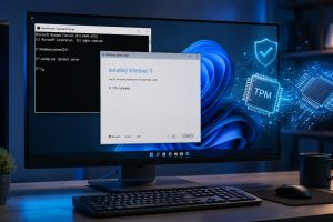 Fotorealistische illustratie van een Windows 10-computer die via de /product server CMD-methode wordt geüpgraded naar Windows 11. Op het scherm zijn een opdrachtpromptvenster, een Windows-installatiewizard en symbolische TPM- en processoriconen zichtbaar die verwijzen naar het omzeilen van de officiële systeemeisen.