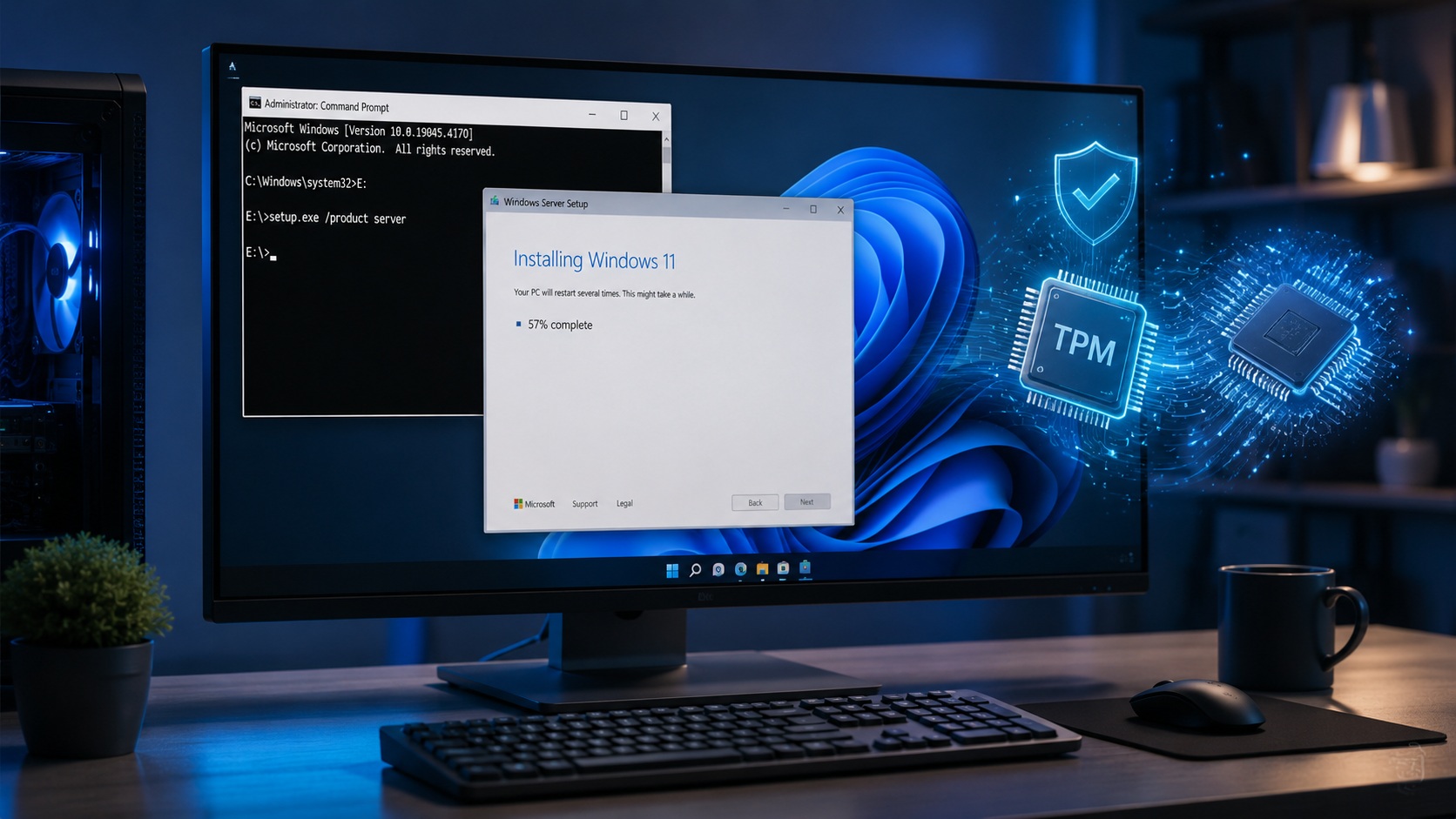 Fotorealistische illustratie van een Windows 10-computer die via de /product server CMD-methode wordt geüpgraded naar Windows 11. Op het scherm zijn een opdrachtpromptvenster, een Windows-installatiewizard en symbolische TPM- en processoriconen zichtbaar die verwijzen naar het omzeilen van de officiële systeemeisen.