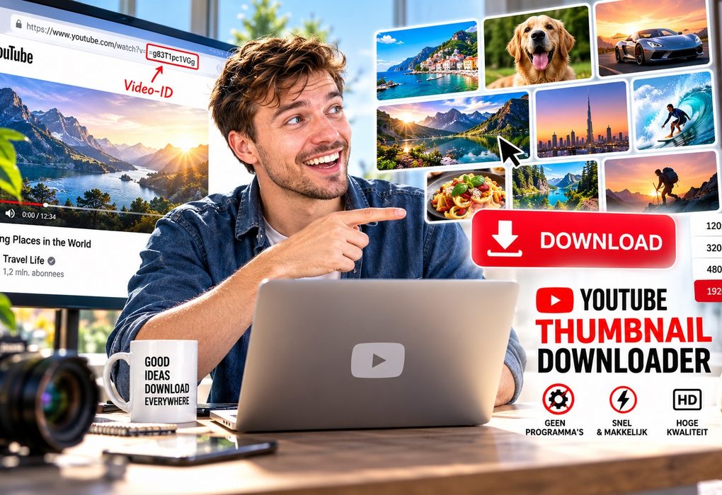 YouTube thumbnails downloaden zonder software. Moderne HD illustratie met laptop, YouTube-video, Video-ID in URL, downloadknop, verschillende thumbnailformaten en kleurrijke voorbeelden van YouTube-miniaturen. Visuele handleiding voor het opslaan van YouTube thumbnails in hoge resolutie.