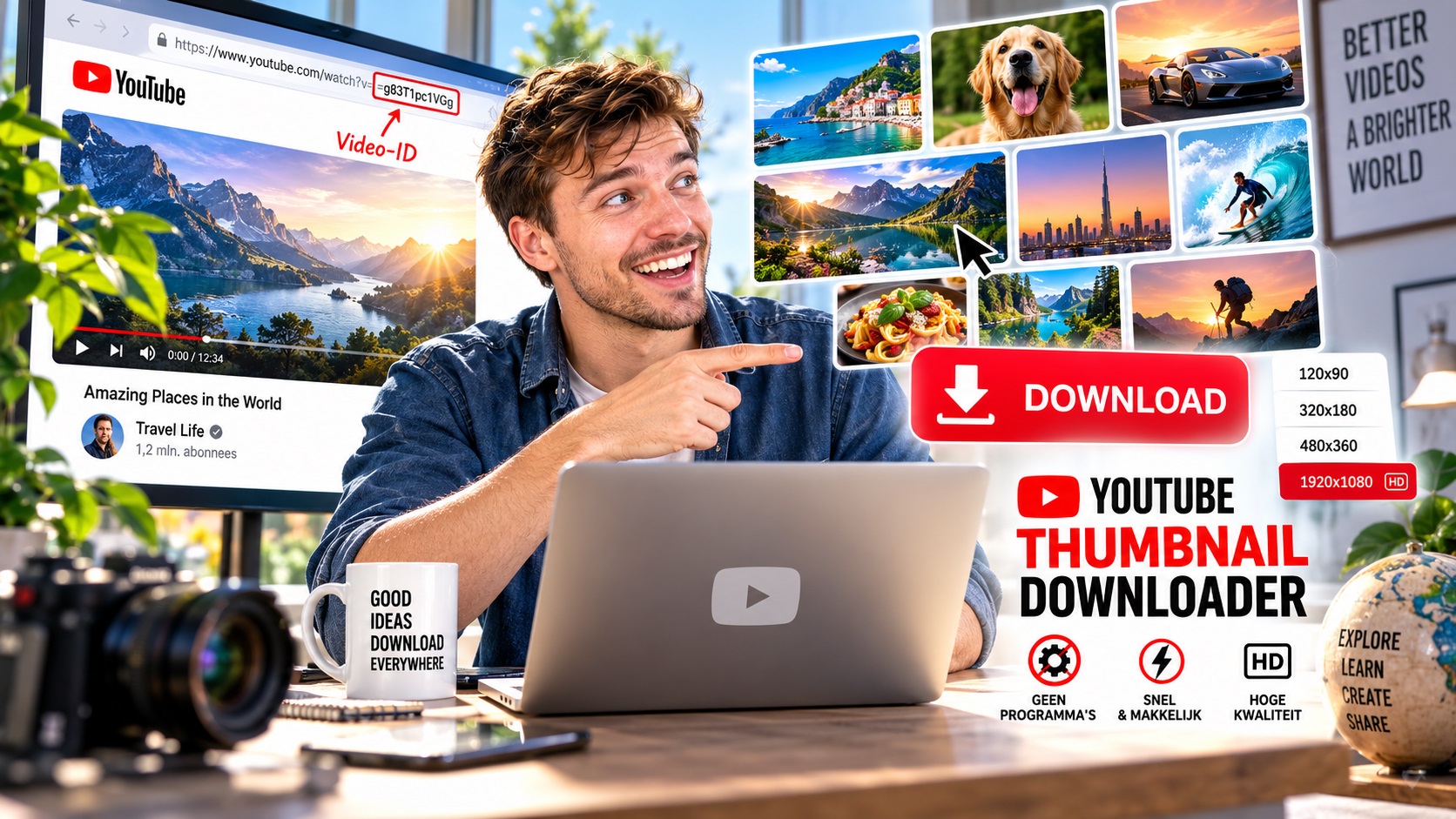 YouTube thumbnails downloaden zonder software. Moderne HD illustratie met laptop, YouTube-video, Video-ID in URL, downloadknop, verschillende thumbnailformaten en kleurrijke voorbeelden van YouTube-miniaturen. Visuele handleiding voor het opslaan van YouTube thumbnails in hoge resolutie.